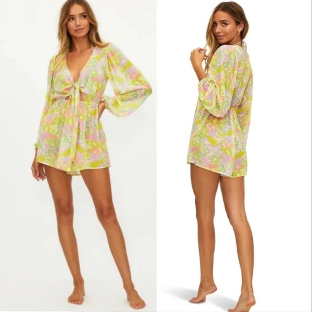 New! Beach Riot Lori Long-sleeve Romper In Psychedelic Sunshine 45082